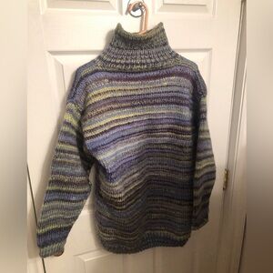 Hand Crafted Multicolor Striped Turtleneck Sweater - Blue, Green, Purple